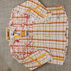 Akademiks Plaid Men's button down - orange and red and cream - Large